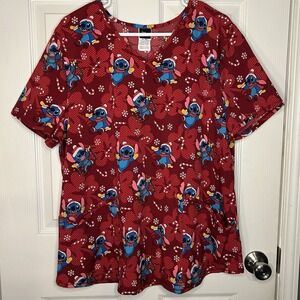 Disney Lilo & Stitch Christmas Scrub Top Stretchy Red Scrubstar XL